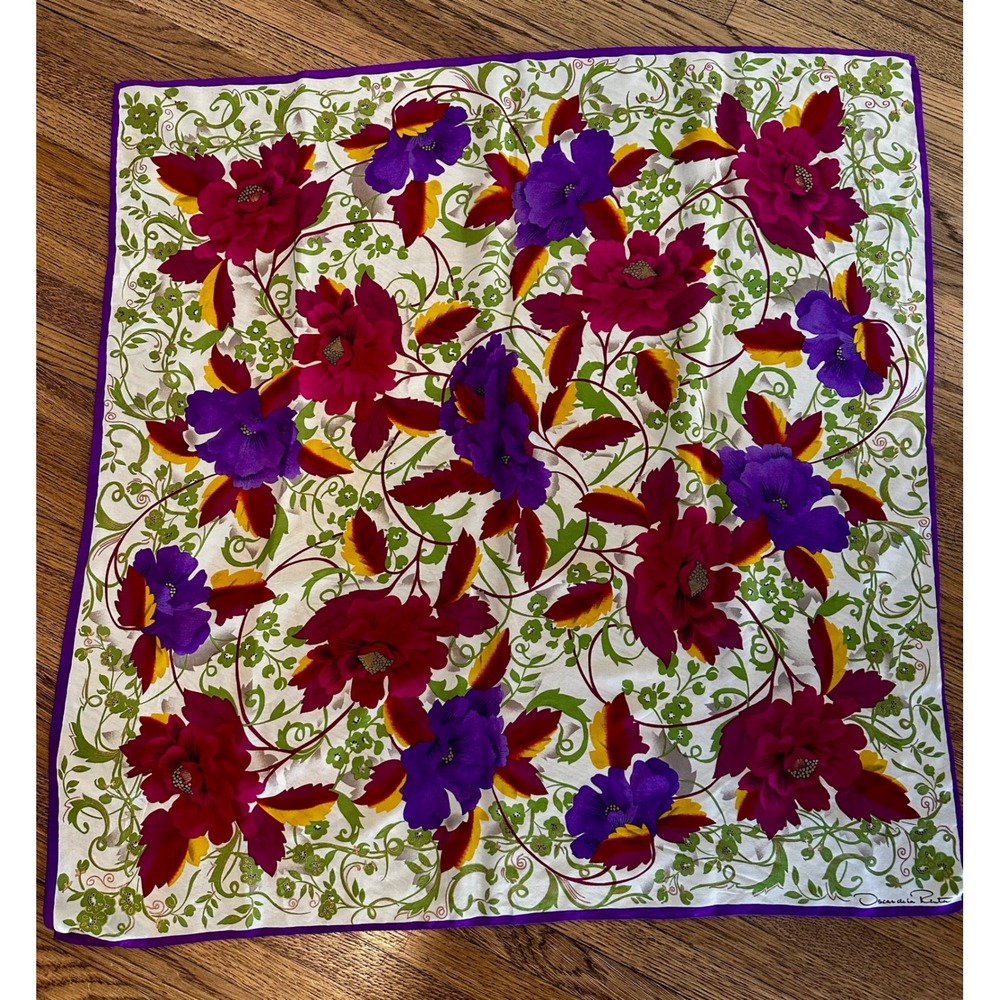 Oscar de la Renta Vintage Silk Scarf Floral Magenta Purple Ivory Made in Japan